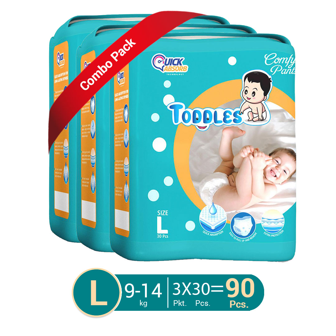 TODDLES Comfy Baby Diaper Pants- L Size (9-14kg), 90 Count (Pack of 3)