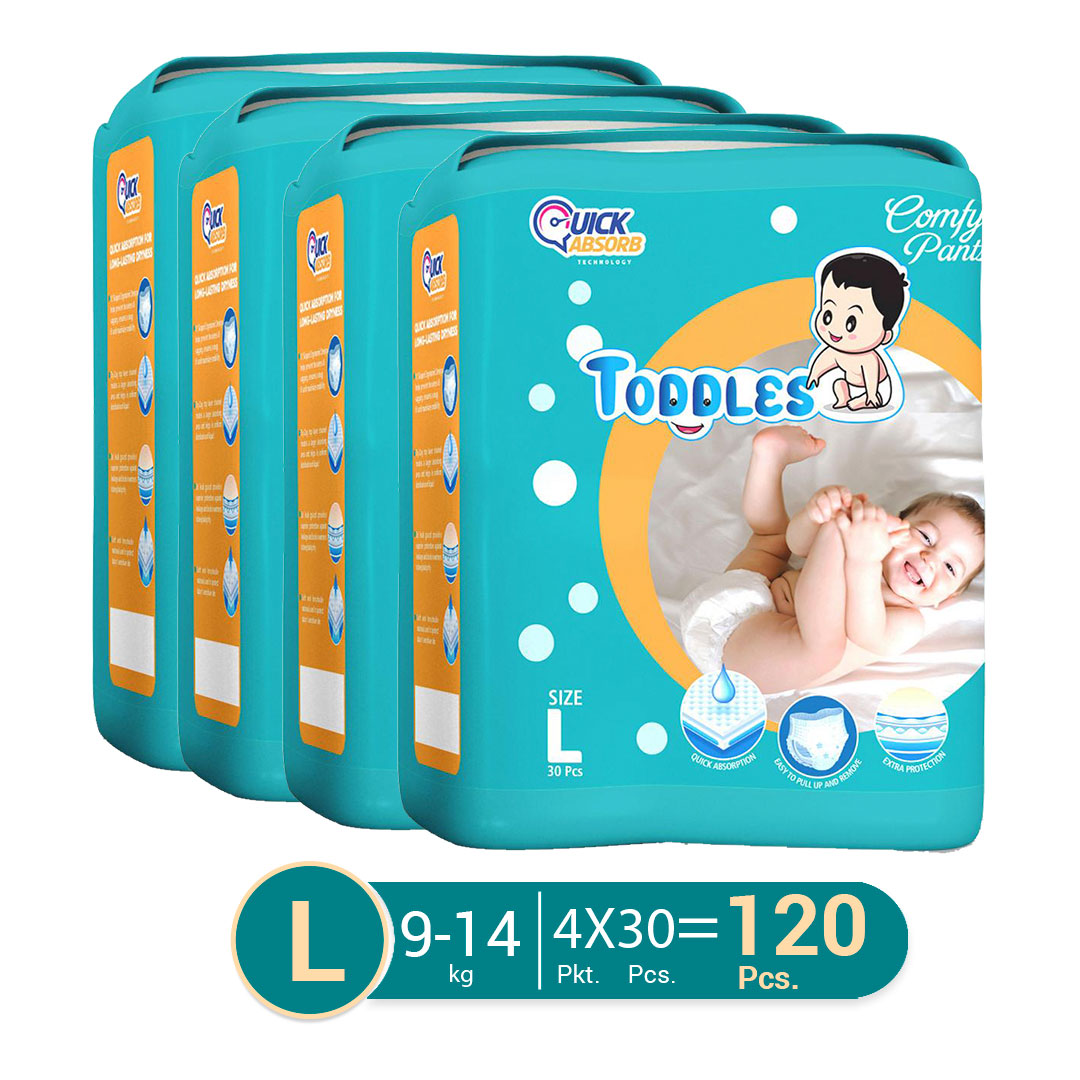 TODDLES Comfy Baby Diaper Pants- L Size (9-14kg), 120 Count (Pack of 4)