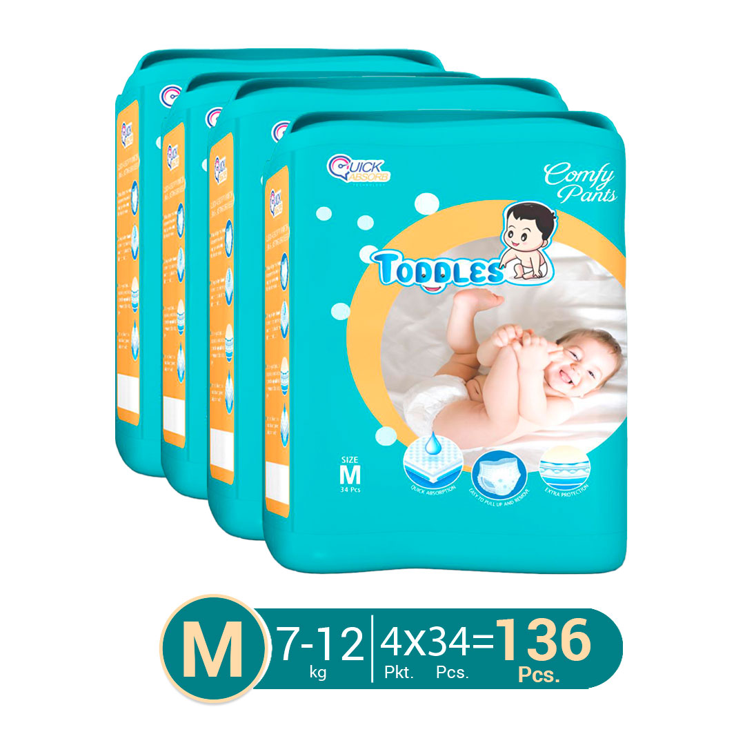 TODDLES Comfy Baby Diaper Pants- M Size (7-12kg), 136 Count (Pack of 4)