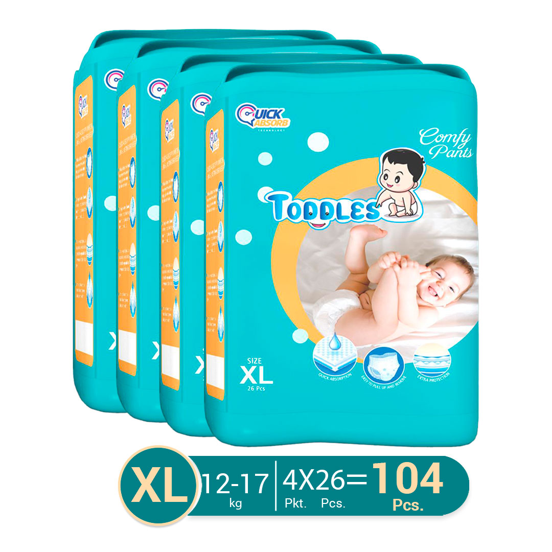 TODDLES Comfy Baby Diaper Pants- XL Size (12-17kg), 104 Count (Pack of 4)